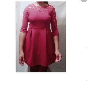 BOGO 2$25|3$30- Burgundy 3/4 Sleeve LaceNeck Dress